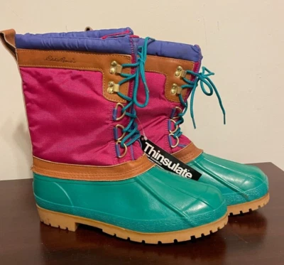 Botas de pato Eddie Bauer para mujer 12 de cuero forradas Sherpa rosa verde azulado vintage años 80 90 Foto 1 de 4