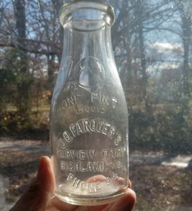 RICHLAND,MO J.Q.FARQUER'S FAIRVIEW DAIRY RARE PINT SLUG PLATE MILK BOTTLE SHINY - Picture 1 of 6