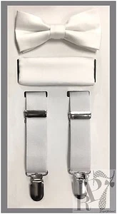 White NEW Boy's Clip Suspender Bow tie & Pocket Square Handkerchief 3 pieces set - Picture 1 of 1