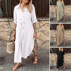 Plus Size Women's Casual Loose Cotton Linen Shirt Collar Button Long Maxi Dress - Picture 1 of 14