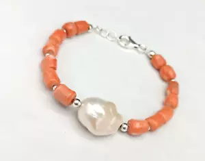 Bracciale donna perla barocca naturale vero corallo cerasuolo argento bianco - Foto 1 di 9