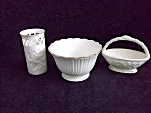 Lenox Lot Of 3 Ivory Pieces, Vase, Bowl, Basket all Trimmed in Gold - Picture 1 of 12