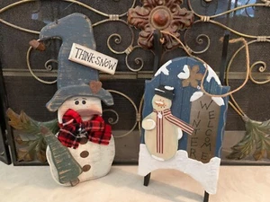 Charming Hand Painted Dimensional Wood Snowman and Sled for Wall or Table Decor - Picture 1 of 10