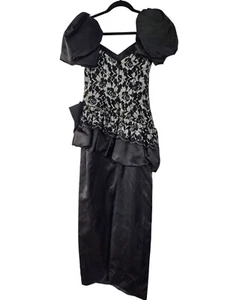 Vintage 80s Prom Bridesmaids Dress Black Silver Puff Sleeve Maxi Bow Lace XS S - Picture 1 of 10