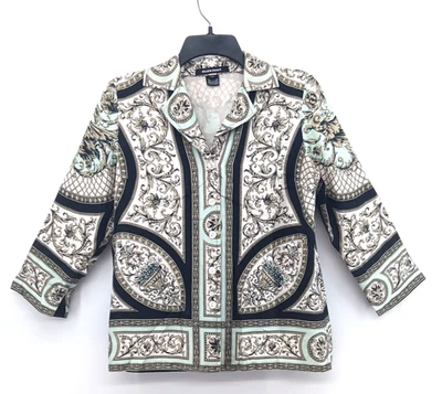 Ellen Tracy 纽扣上衣女式 4P 码领 3/4 袖纽扣 100% 真丝 — 第 1/4 张图片