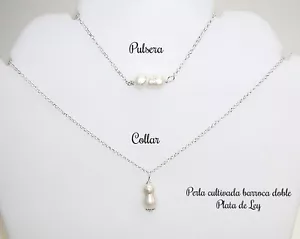 CONJUNTO de COLLAR y PULSERA PLATA de LEY y PERLA Cultivada barroca forma doble - Imagen 1 de 2