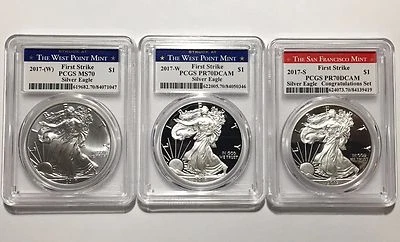 2017 W S PCGS PR MS 70 FS 1oz Silver Eagle $1 Proof BU Congratulations Set  - Image 1 of 2