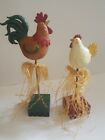 HEN & ROOSTER ON BASE Woodlike resin  pole and wood block base RUSTIC primitive 