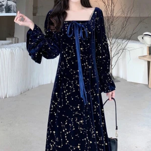 Ladies Velvet Long Princess Dress Shiny Star Velour Long Puff Sleeve Square Neck - Picture 1 of 12