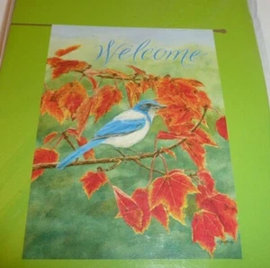 Fall Season Flag WELCOME Blue Jay Bird Leaves 28" 40" Large Autumn Double Sided - Picture 1 of 5