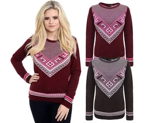 New Ladies Women Knitted Long Sleeve Crew Neck Fairisle Aztec Jumper Top Sweater - Picture 1 of 6