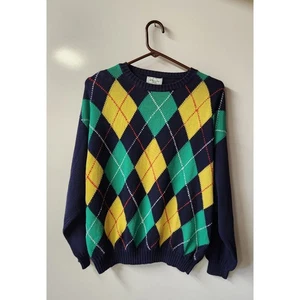 Vintage Benetton Italy Baumwolle Herren Pullover Grün Gelb Blau Rauten Gr. M? - Bild 1 von 3