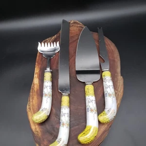 Vintage Sheffield England 4 Pc Serving Utensil Set Porcelain Handles Floral Gold - Picture 1 of 20