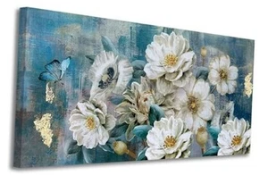 Flowers Canvas Wall Art White Elegant Modern Teal Picture Gold Foil Rustic - Picture 1 of 7