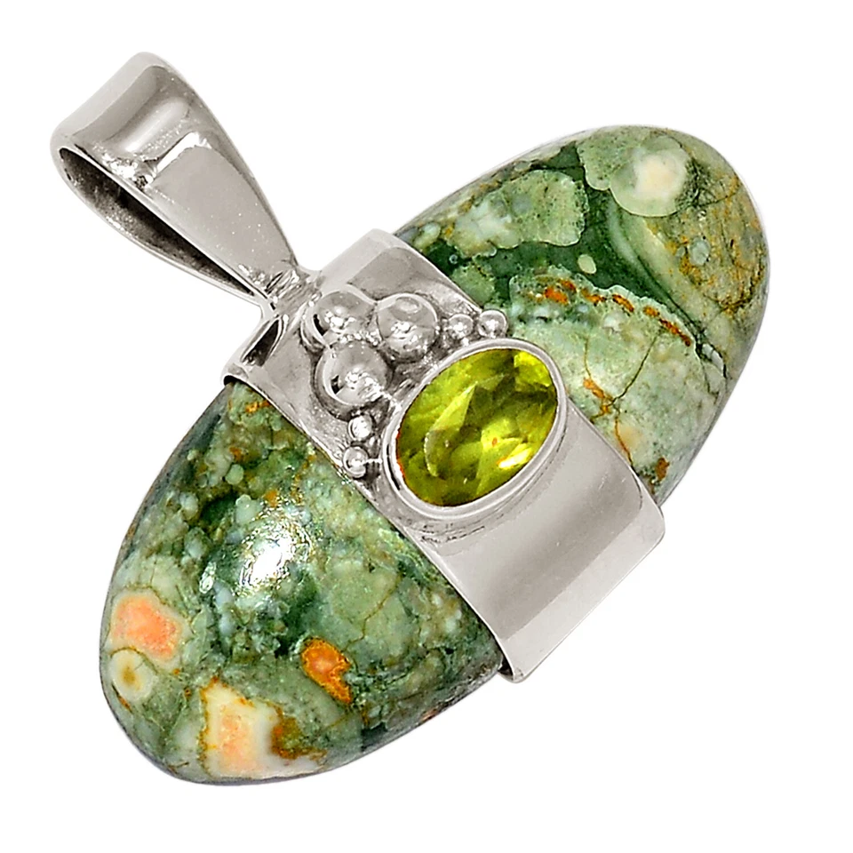 Natural Rainforest Opal & Peridot 925 Sterling Silver Pendant Jewelry ALLP-27332 - Image 1 of 1