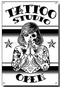 ESTUDIO DE TATUAJE SIGNO DE METAL ABIERTO, TATUAJES, ARTE DE TINTA, TIENDA, DECORACIÓN DE PIERCING, SIGNO DE PARED - Imagen 1 de 1