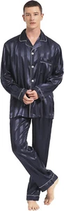 YIMANIE Herren Satin Pyjama Set Klassisch Nachtwäsche Loungewear Streifen Navy - Bild 1 von 10