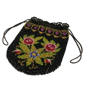 Bolso Monedero Vintage Cuentas Flores Negro y Rosa Crochet Cordón Mendigos Bolso - Imagen 1 de 12