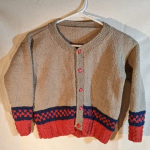 Hand knit boy's cardigan sweater, cotton, tan/blue/red, new, size 5-6  - Picture 1 of 1