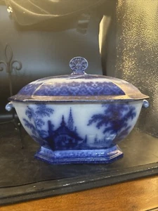 Flow Blue Chinese Porcelain Arabesque Large Lidded Tureen As Is - Picture 1 of 10
