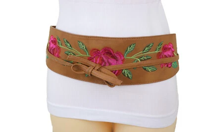 Mujeres Marrón Imitación Cuero Envoltura Kimono Asiático Corbata Fácil de Usar Cinturón Rojo Flor Ajuste S M Foto 1 de 4