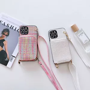 For Various Phone Crossbody Strap Woven Wallet Case Card Luxury Dustproof Stand - Picture 1 of 14