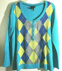 Lane Bryant Argyle 5 Button LG Sleeve Sweater 18/20 Teal Gray Blue Yellow - Picture 1 of 5