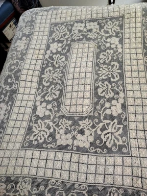 Handmade Vtg Crochet Lace Tablecloth, rectangular 72" x 52" Cotton, Beige - Image 1 of 4