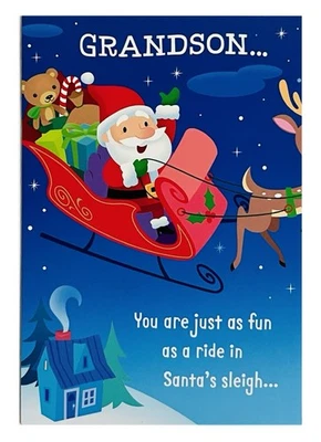 Christmas Card For Grandson Fun Santa’s Sleigh Multicolor Hallmark Card NEW - Image 1 of 4