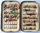 Early Wheatley Japanned 119 Clip Fly Fishing Box, Xylonite Celluloid Panels