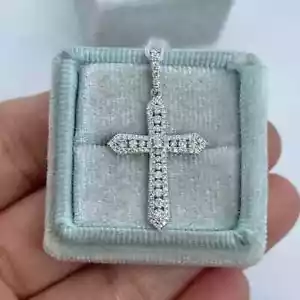1.50Ct Round Cut Certified Natural Diamond Cross Pendant Solid 14K White Gold - Picture 1 of 12