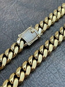 Men's Miami Cuban Link Chain Real 14k Gold Over Stainless Hip Hop Diamond Lock - Picture 1 of 12