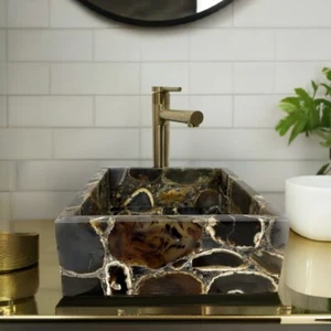 Square Black Agate Sink Basin Vessel for Bathroom & Kitchen Decor Handmade arts - Picture 1 of 12