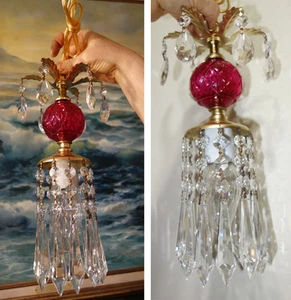 1 Vintage Corte Rubí Vidrio Colgante Latón Mini SWAG Tapón Lámpara Lámpara Candelabro Cristal - Imagen 1 de 12