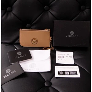 NEW $400 VERSACE Tan Leather GOLD LA MEDUSA LOGO Card CASE WALLET w/ KEY CHAIN - Picture 1 of 15