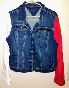 Womens Tommy Hilfiger Large Red White & Blue Jean Jacket Silky Sleeves Botton Up - Picture 1 of 4
