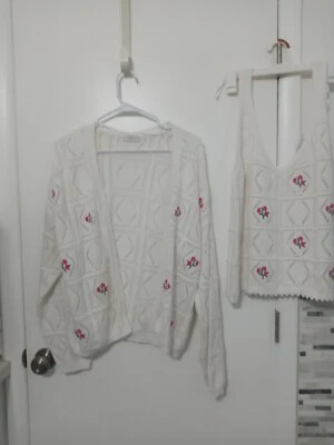 Suéter sin mangas tejido floral bordado Papaya 2 piezas y cárdigan a juego L Foto 1 de 4