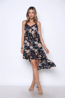 Vestido Columpio Azul Marino y Lila Talla Pequeña Encaje Acento Alto Bajo Viaje de Verano Foto 1 de 2