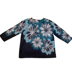 Alfred Dunner verziertes 3/4 Arm Top Baumwollmischung Blumen Strick türkis schwarz L - Bild 1 von 8