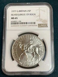 MONEDA DE PLATA GRAN BRITÁNICA 25P 1977 JUBILEO DEL REINADO NGC MS65 SIN CIRCULAR - Imagen 1 de 5
