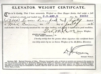 1900s Ohio Elevator Weight Certificate Van Wert County Grain Document Vintage - Image 1 of 3