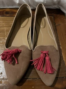 Hush Puppies Sadie Pink Tassel Slipon Loafers Suede Tan Womens Size 7 Wide Large - Picture 1 of 6