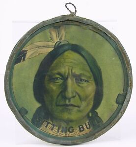 1890s Native American Sioux Indian Sitting Bull Pewter Rim Chromolithograph