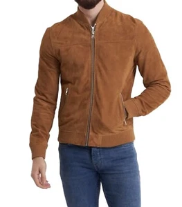 Men's Original Goatskin Pure Suede Leather Light Tan Brown Bomber Biker Jacket - Picture 1 of 10