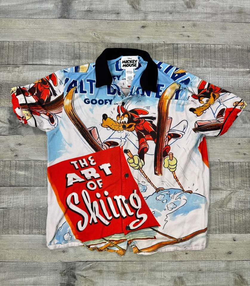Camisa masculina Disney pequena branca pateta a arte de esquiar botão para cima acampamento top - Imagem 1 de 4