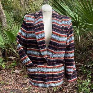 Vintage 80s Southwest Rainbow Blazer Black with V-Neck LS Daily Habit Size L - Picture 1 of 10