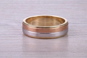 6 mm Wide Three Tone , Solid 18ct Yellow, Rose and White Gold Wedding Band - Picture 1 of 5