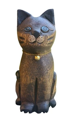 Estatuilla de gato de madera tallada a mano coleccionable pequeña estatua escultura decoración 5" Foto 1 de 4