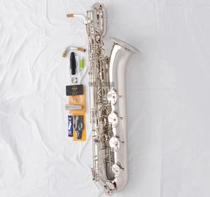 Professional Eb Baritone Saxophone Silver Nickel Sax 2 Necks Germany Mouthpiece - Picture 1 of 11