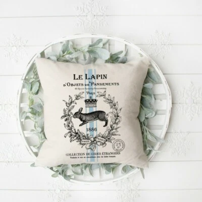 French Country, Pillow Cover, Blue Rabbit, Grain stripe, Handmade, Gift idea - Image 1 of 3